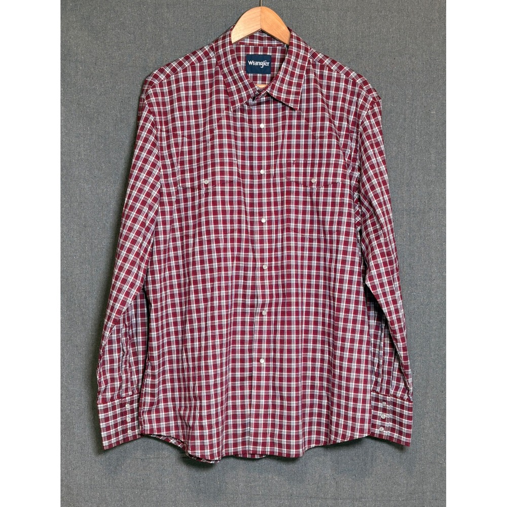 Y2K Wrangler Mens XL Red Plaid Western Pearl Snap Button Down Shirt Long Sleeve